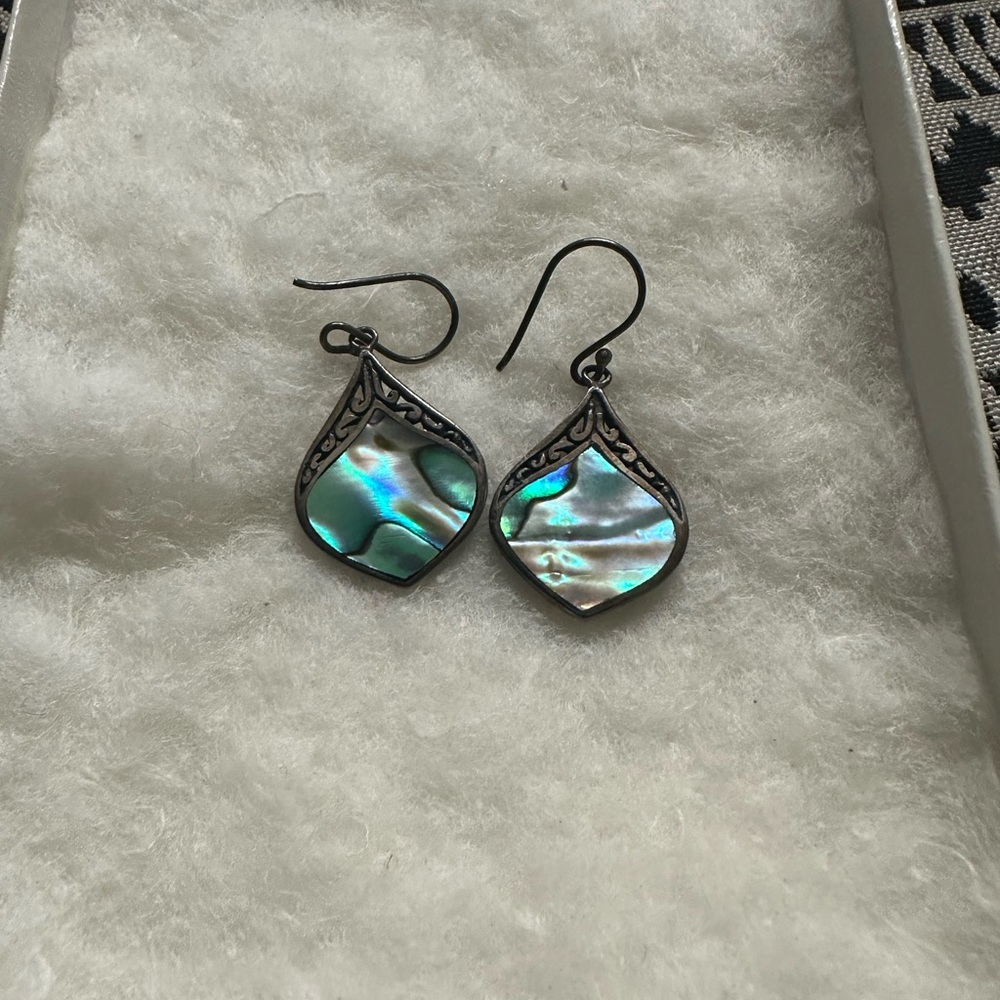 Iridescent  Silver and Blue Abalone Earrings - Picture 2 of 3